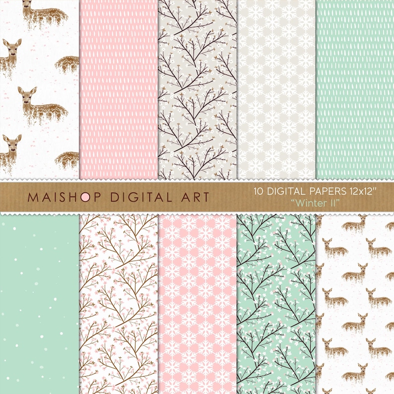 Mint & Pink Digital Paper Winter II Deers, Blossoms, Snowflakes Patterns for Scrapbook, Decoupage, Cards, Crafts, Invites... image 1