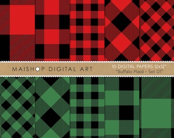 10 Papers Buffalo Plaid Digital Set, Red Black Green Checkered Tartan Patterns, Farmhouse Christmas Scrapbook Background Kit