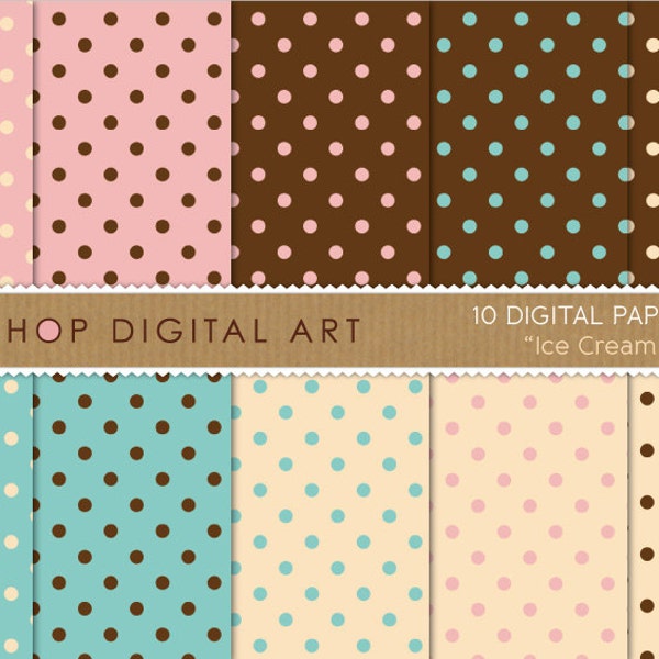 Polka Dots Digital Paper 'Ice Cream Dots' Yellow, Pink, Blue and Brown Patterns for Scrapbooking, Invitations, Cards..