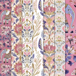 K&ouml;nnte beinhalten: Eine Sammlung von Papieren mit floralen und Elefantenmotiven in Rosa, Blau und Gold. Die Designs umfassen stilisierte Blumen, Bl&auml;tter und verzierte Muster, die eine dekorative und k&uuml;nstlerische &Auml;sthetik schaffen.