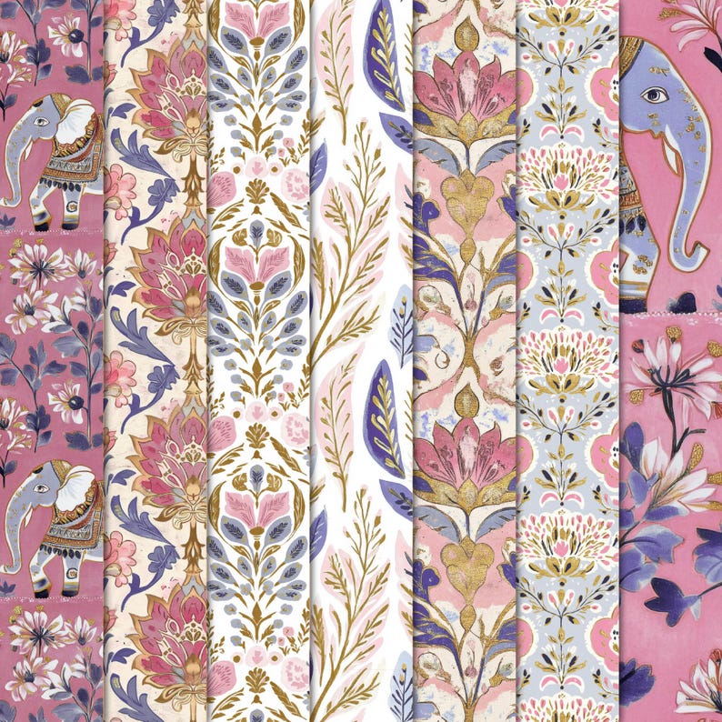 K&ouml;nnte beinhalten: Eine Sammlung von Papieren mit floralen und Elefantenmotiven in Rosa, Blau und Gold. Die Designs umfassen stilisierte Blumen, Bl&auml;tter und verzierte Muster, die eine dekorative und k&uuml;nstlerische &Auml;sthetik schaffen.
