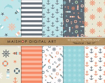 Nautical Digital Paper Pack, Printable Scrapbook Paper, Pastel Colors Patterns, Instant Download Backgrounds - Nautical Set 01