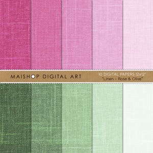 May include: A collection of 10 digital papers featuring a linen texture in various shades of rose and olive. The image includes a central brown banner with the text MAISHOP DIGITAL ART, 10 DIGITAL PAPERS 12x12, and Linen - Rose & Olive.