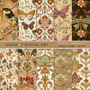 May include: A collection of ten digital papers, each 12x12 inches, featuring vintage floral and butterfly patterns in shades of brown, beige, and green. The text "MAISHOP DIGITAL ART" and "Mystic Garden - Set 07" are visible.
