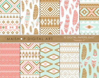 Digital Paper 'Navajo II' Mint, Coral and Bronze Ethnic Tribal Feathers Patterns for Journal Stickers, Cards, Invitations...