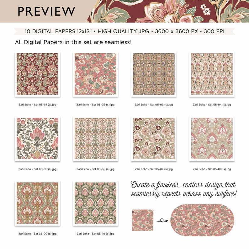 Bohemian Floral Digital Papers • Seamless Boho Chic Patterns • Asian ...