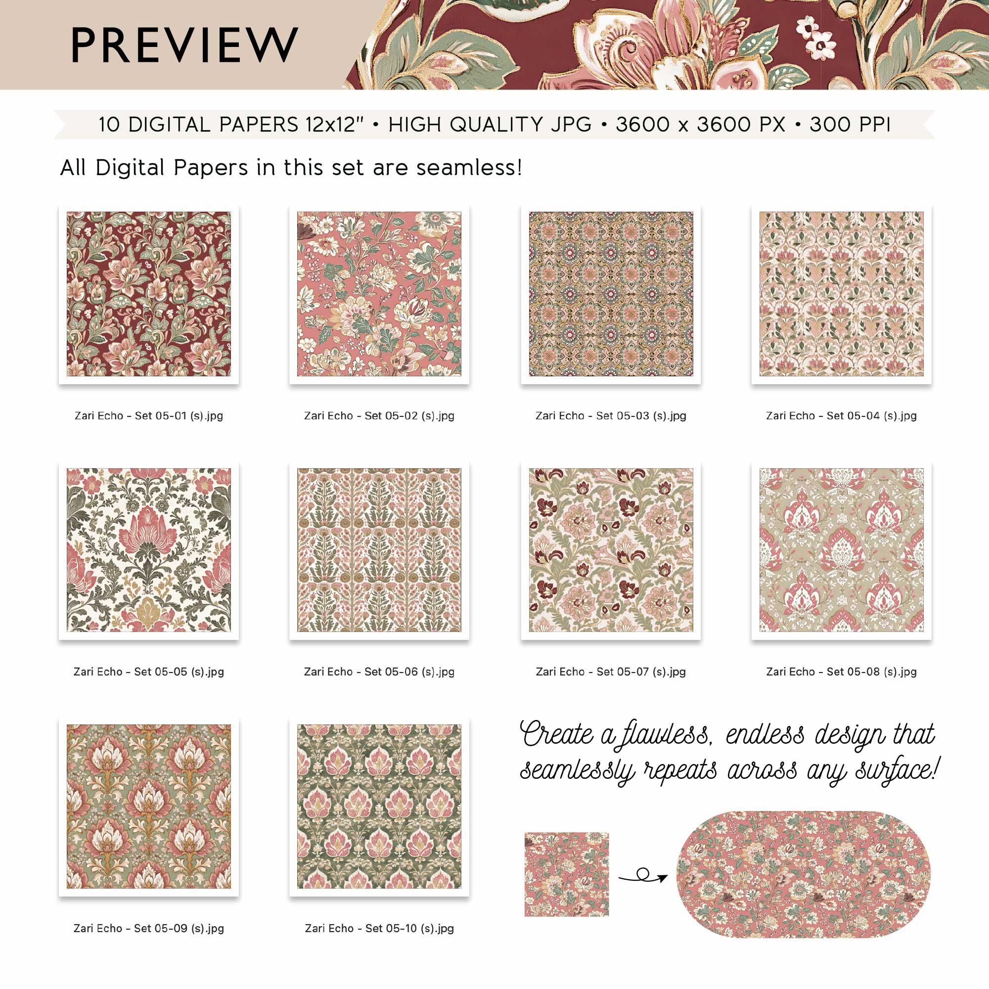 Bohemian Floral Digital Papers • Seamless Boho Chic Patterns • Asian ...