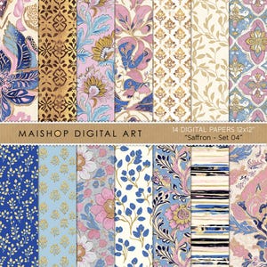 Boho Digitala Papper • Sömlösa Indiska Mönster • Ljusrosa, Blå & Guld Bakgrunder • Nedladdningsbara Filer för Kreatörer • Saffran Set 04