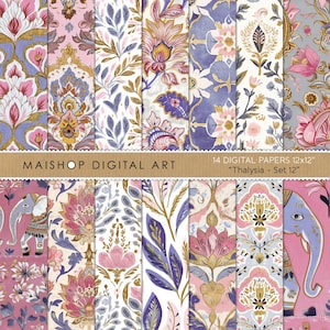 K&ouml;nnte beinhalten: Eine Sammlung von 14 digitalen Papieren, jeweils 12x12 Zoll, mit floralen und Elefantenmustern in Rosa, Lila, Gold und Blau. Die Papiere haben einen Vintage- und Bohemian-Stil. Der Text "MAISHOP DIGITAL ART" und "Thalysia - Set 12" sind sichtbar.