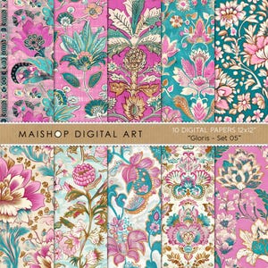 May include: A collection of ten digital papers, each 12x12 inches, featuring floral patterns in shades of pink, teal, and gold. The designs include intricate botanical motifs and the text "MAISHOP DIGITAL ART" and "Gloris - Set 05".