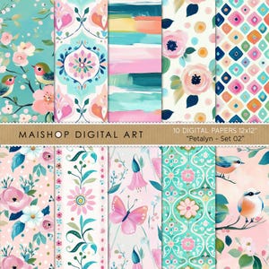 Süßes, spielerisches digitales Papierpapier • Nahtloses florales Scrapbook-Papier • Niedliche Vogelmuster zum Basteln • Hochwertige Bilder • Petalyn Set 02