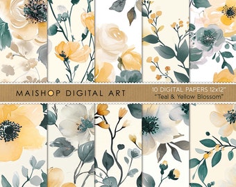 Teal & Yellow Blossom Flowers Digital Paper • 12x12 Scrapbook Paper Pack • Watercolor Floral Patterns • Commercial Use