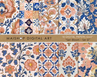 May include: Set of 10 digital papers featuring floral patterns in shades of blue, pink, and gold. The papers are 12 inches by 12 inches and are titled "Sari Bloom - Set 12".