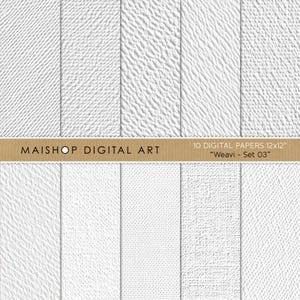 May include: Set of 10 digital papers with a white textured background. The papers are 12x12 inches and are called "Weavi - Set 03".