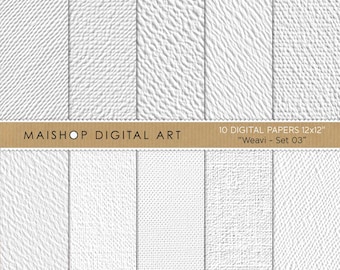 Papéis Digitais de Tela Sem Costura • Fundos Texturizados de Linho Branco/Cinza Neutro • Papel com Texturas de Algodão para Impressão de Alta Qualidade • Conjunto Weavi 03