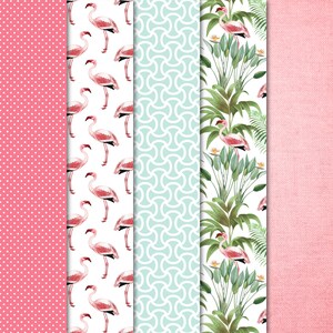 May include: A collection of patterned papers featuring flamingo and tropical leaf designs, polka dots, and a geometric pattern in shades of pink, white, and teal. The papers have a tropical theme.