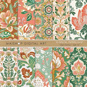 Papéis digitais Boho florais sem emendas • Fundos chiques Boho para mosaicos • Pacote de texturas digitais em estilo étnico floral • Conjunto Zari Echo 15