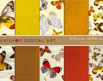 Digital Paper "Butterflies" Butterfly Pattern and Wood Texture Printable Digital Sheets for Digital Scrapbooking, Papercraft, Decoupage...