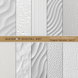 May include: Set of 10 digital papers featuring white organic textures. Each paper is 12 inches by 12 inches. The textures include wavy lines, bubbles, stripes, and more.