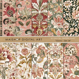 Pode incluir: Uma coleção de dez papéis digitais, cada um com 30,48 x 30,48 cm, apresentando padrões florais e paisley em tons de vermelho, rosa, verde e creme. Os papéis têm uma estética vintage, com designs intrincados e uma aparência texturizada. O texto "MAISHOP DIGITAL ART" e "Gloris - Set 08" é visível.