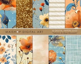 Salmon & Blue Blossom Digital Paper I Floral Pattern Backgrounds I Scrapbooking Supplies