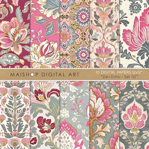 Papéis florais sem costura Boho • Fundos de scrapbook Boho Chic • Texturas digitais inspiradas em Batik • Download instantâneo • Conjunto Zari Echo 02