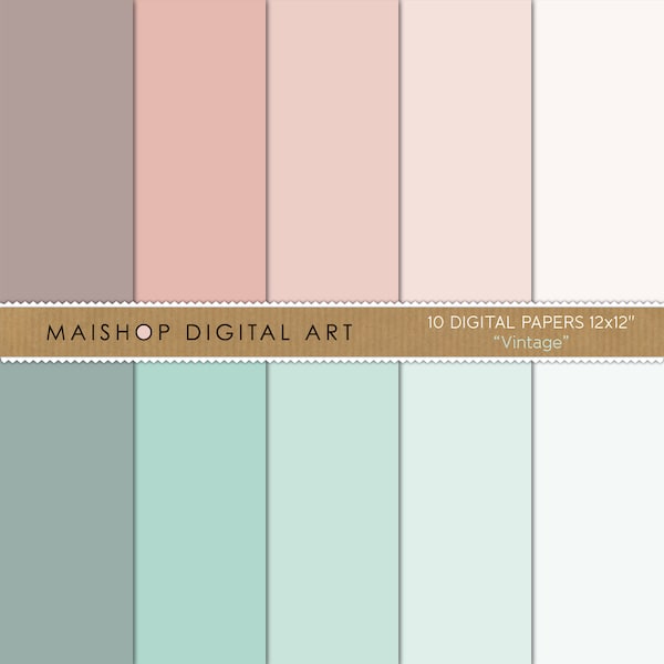 Solid Color Digital Paper I Pale Pink & Mint Green Plain Backgrounds I Instant Download Printable Images I Commercial Use I Vintage