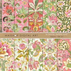 May include: A collection of ten digital papers, each 12x12 inches, featuring floral and paisley patterns in shades of pink, green, and gold. The designs include intricate botanical motifs and the text "MAISHOP DIGITAL ART" and "Gloris - Set 25".