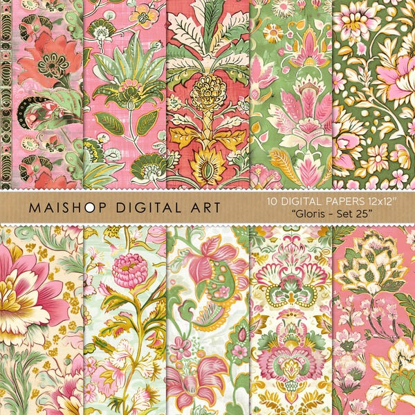 Rosa & grünes Blumen Papier • Nahtlose Boho Muster • Digitale botanische Hintergründe • Gloris Set 25