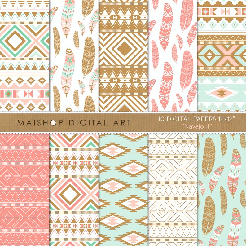 Digital Paper 'Navajo II' Tribal Feathers Patterns, Commercial Use Scrapbook Paper for Journal Stickers, Cards, Invitations... 