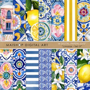 May include: A collection of 14 digital papers featuring Mediterranean-inspired patterns, including yellow lemons, white blossoms, blue and white tile motifs, pink floral designs, and yellow and white stripes, labeled MAISHOP DIGITAL ART Limozza Set 01.