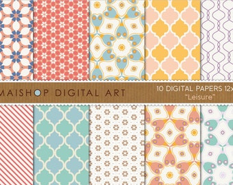 Digital Paper 'Leisure' Red, Blue, Yellow and White Floral, Stripes and Moroccan Patterns for Scrapbooking, Gift Wrapping, Card Making...