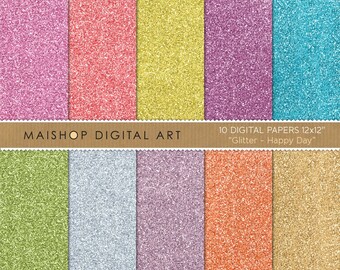 Digital Paper Glitter 'Happy Day' Instant Download Scrapbooking Papers for Invitations, Scrapbook, Stickers, Cards, Crafts...