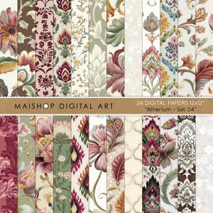 May include: A collection of 24 digital papers, each 12x12 inches, featuring various floral and ornamental patterns. The color palette includes shades of burgundy, brown, green, and cream. The text "MAISHOP DIGITAL ART" and "Atherium - Set 04" are visible.