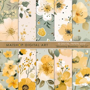 Modern Floral Digital Paper • Green, Yellow and Gold Flower Patterns • Instant Download Backgrounds • Blooming Blossoms Set 02