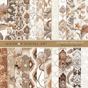 Può includere: Una collezione di 24 carte digitali, ciascuna di 30,48 cm x 30,48 cm, con vari motivi floreali e ornamentali nei toni del marrone, beige e crema. Le carte presentano disegni floreali, damascati e geometrici. Il testo "MAISHOP DIGITAL ART" e "Atherium - Set 09" è visibile.