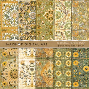 May include: Ten digital papers, each 30.48cm x 30.48cm, displaying block print tile designs. The papers feature floral and geometric patterns in green, yellow, and gold hues. The image includes the text "MAISHOP DIGITAL ART" and "Block Print Tiles - Set 14".