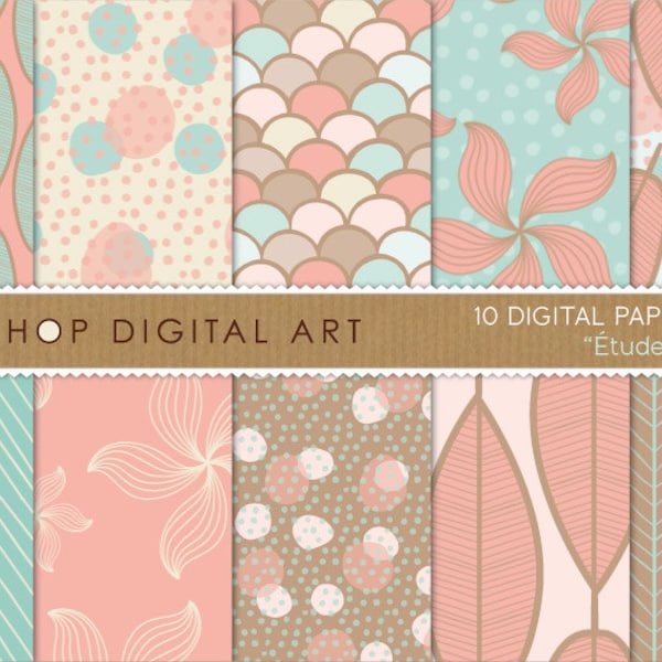 Digital Paper 'Étude' Blue Turquoise, Brown, Pink Flowers, Leaves, Polka Dots, Fish Scales... Digital Scrapbook Paper Instant Download