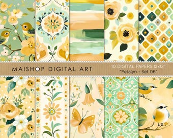 Pretty Floral Digital Papers • Bird Patterns for Crafts • Seamless Butterfly Scrapbook Paper • Instant Download JPG Files • Petalyn Set 06