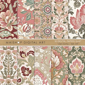 Papéis Digitais Florais Boho • Padrões Boho Chic Sem Costura • Imagens de Flores em Estilo Asiático para Download • Conjunto Zari Echo 05