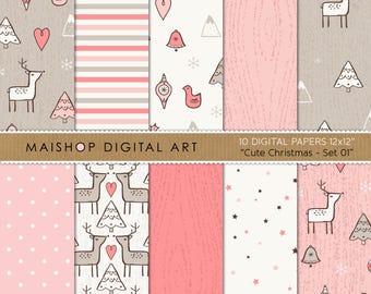 Pacote de Papel Digital Natalino Fofo • Estampas Natalinas em Tons de Rosa e Neutro (Download Digital)