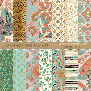 Papéis Digitais Florais • Padrões Laranja e Verde Sem Costura para Scrapbooking, Artesanato, Decoupage, Impressão em Tecido e Mais • Conjunto Saffron 12