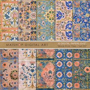 Blue & Orange Seamless Digital Paper Pack • Colorful Boho Floral Patterns • Instant Download Backgrounds • Block Print Tiles Set 03