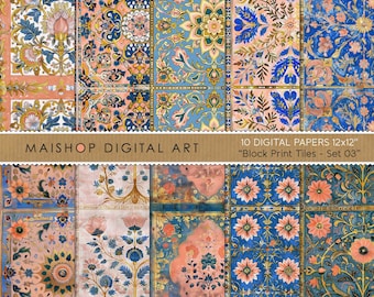 May include: Set of 10 digital papers featuring a repeating pattern of pink, blue, and gold floral designs. The papers are 12 inches by 12 inches and are labeled "Block Print Tiles - Set 03".
