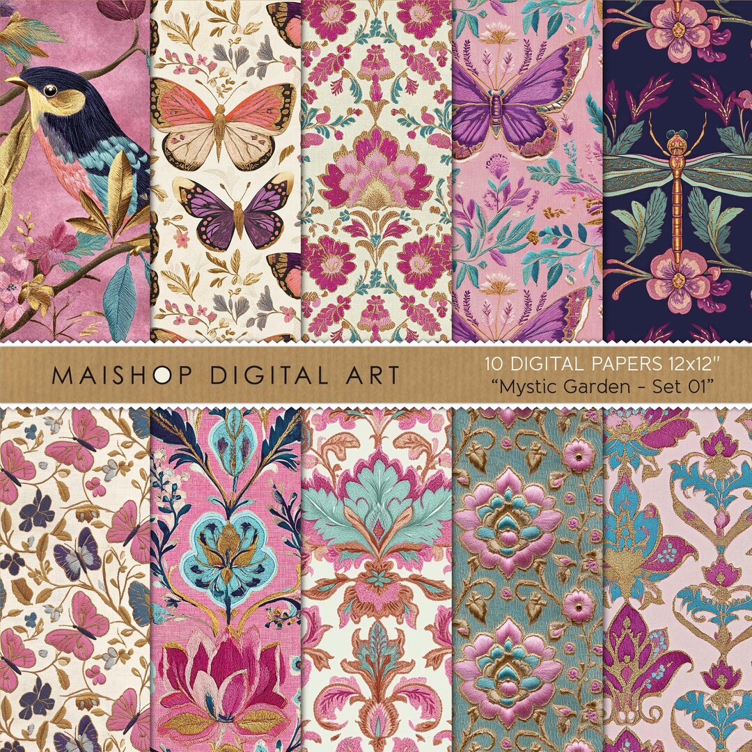 Spring Seamless Digital Paper • Floral & Wildlife Embroidery Patterns ...