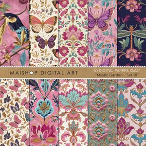 Papier numérique sans couture printanier • Motifs de broderie floraux et animaliers • Papiers décoratifs imprimables • Usage commercial • Ensemble jardin mystique 01
