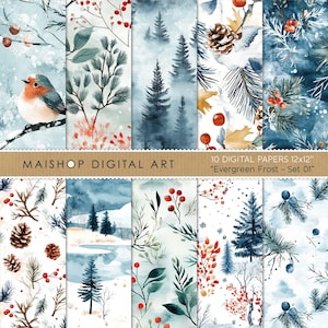 Peut inclure: Ensemble de 10 papiers numériques sur le thème d'un pays des merveilles hivernal. Les papiers comprennent des illustrations à l'aquarelle de pins, de baies, de neige et d'un rouge-gorge. Les papiers mesurent 30,48 cm sur 30,48 cm.