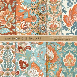 Nahtlos Floral Boho Digitale Papiere • Orange & Blau Boho Chic Muster • Blumen im indischen Stil Digitale Hintergründe • Zari Geo Set 11