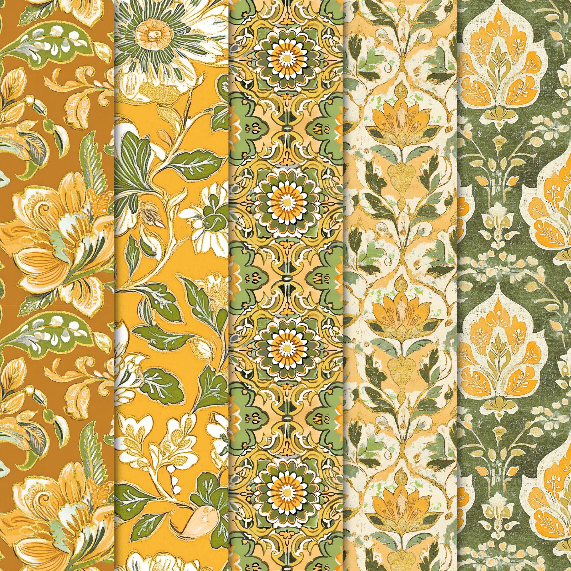 Bohemian Floral Digital Papers • Yellow & Green Seamless Boho Chic ...