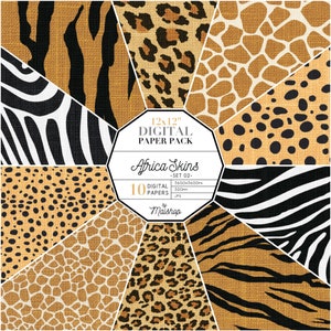 Animal Print Digital Paper I Printable Scrapbook Papers I Zebra, Tiger, Leopard, Giraffe & Cheetah Patterns I Africa Skins Set 02 image 1